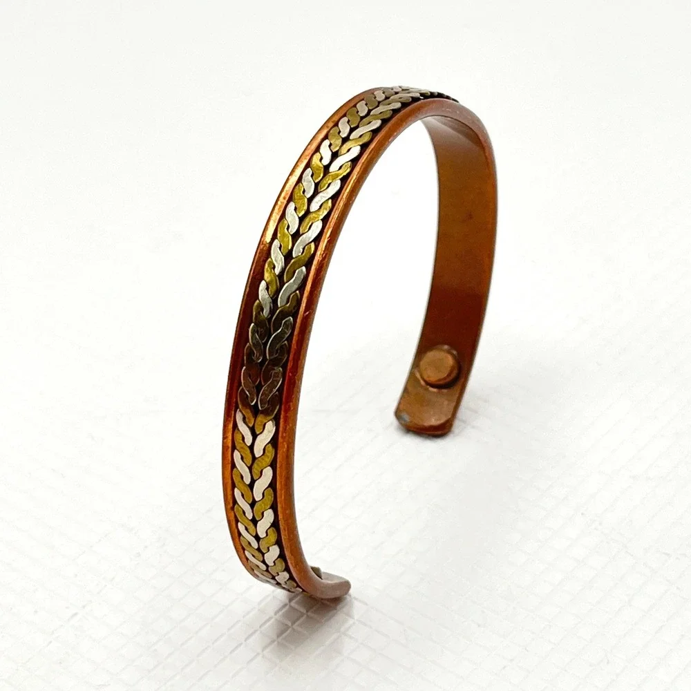 Vintage Copper Tri-Tone Braided Rope Cuff Bracelet w/ Gold and Silver Tone